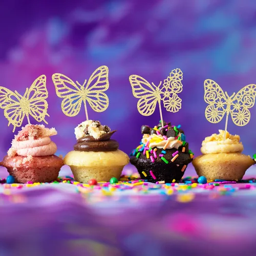 Miniatura 5 de Gyufise Paquete de 24 adornos de mariposa ensamblados con purpurina dorada, decoraciones de mariposa dorada, púas para cupcakes, bodas, 4-dorado