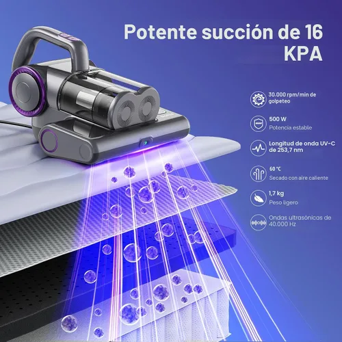 Miniatura 2 de FEPPO Aspiradora de colchón, aspiradora de cama de 16 Kpa con luz UV-C de 253.7 nm, calor de 140 °F, filtro HEPA y ultrasónica, aspiradora de mano