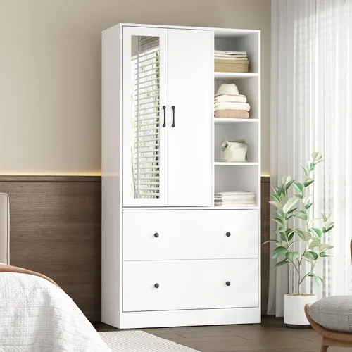 Miniatura 8 de Homsee Armario de madera con espejo, 2 puertas, 2 cajones, 4 cubos de almacenamiento abiertos y barra para colgar para dormitorio, negro