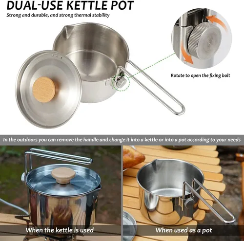 Miniatura 3 de Olla de camping de acero inoxidable con tapa y mango extraíble, hervidor de agua ligera para acampar al aire libre, fácil de limpiar, olla