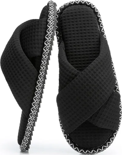 Miniatura 16 de GOEWY - Pantuflas para mujer con espuma viscoelástica para el hogar, con entretejido de pana, tiras cruzadas, con punta abierta, sandalias cómodas