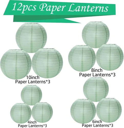 Miniatura 2 de Faroles de papel verde salvia, 12 linternas colgantes para fiestas de cumpleaños, bodas, decoración del hogar, decoración festiva de baby shower