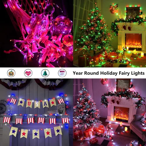 Miniatura 5 de BrizLabs Guirnalda de luces de hadas de 33 pies, 100 luces LED rojas, blancas y azules con temporizador remoto, USB 4 de julio, luz estrellada, 100