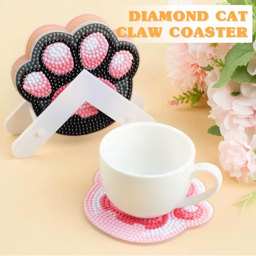 Miniatura 4 de MVVMTOP 6 posavasos de pintura de diamantes con soporte dimensional, formas especiales de bricolaje con forma especial de pata de gato, kits de arte