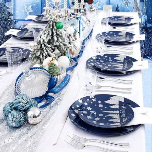 Miniatura 7 de Hioasis 175 piezas de platos de plástico para Navidad - Platos desechables de plástico azul y plateado incluyen 25 platos para cenar, 25 platos