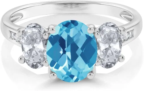 Miniatura 2 de Gem Stone King 10K White Gold Diamond Accent Checkerboard Swiss Blue Topaz White Topaz 3-Stone Ring 230 Ct Available 56789