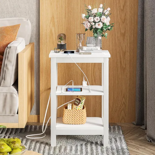 Miniatura 4 de VECELO Mesitas de noche modernas con estación de carga, mesa auxiliar auxiliar con estante de almacenamiento para espacios pequeños, dormitorio