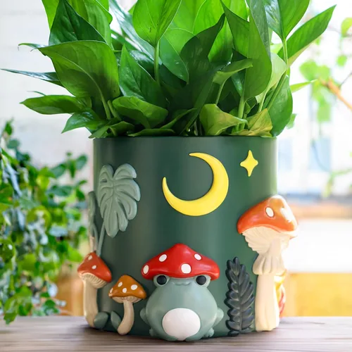 GUGUGO Macetas de Jardín de Ranas de 8 Pulgadas Coloridas Lindas Macetas Arcoíris Únicas con Drenaje, Macetas de Hongos Vintage Retro para Plantas