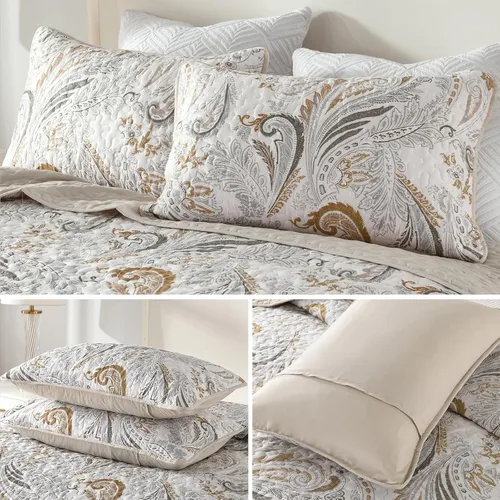 Miniatura 5 de WONGS BEDDING Juego de edredón bohemio tamaño Queen, juego de colcha y cubrecama con estampado floral paisley beige con 2 fundas de almohada, juego