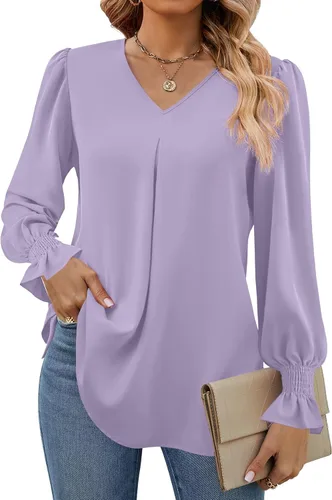Miniatura 10 de Funlingo Blusas de mujer con mangas largas 2025, elegantes y casuales, con cuello en V, túnica suelta de gasa para el trabajo