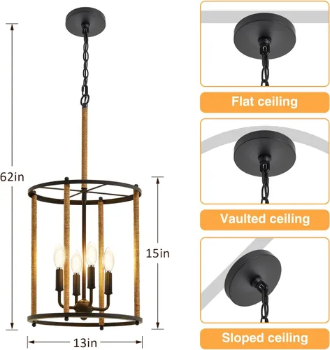 Miniatura 2 de Luvkczc Candelabro de 4 Luces, Luz de Techo Estilo Granja, Lámpara de Linterna Negra Accesorios de Iluminación con Jaula de Cuerdas, Altura