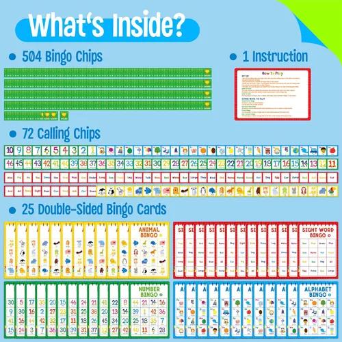 Miniatura 4 de Juego de Bingo Familiar, Alfabeto, Animales, Palabras Visuales y Números, Juego de Mesa Educativo Clásico para Habilidades de Contar y Emparejar