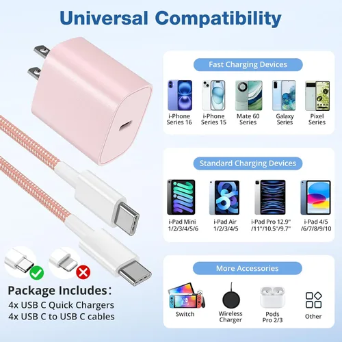 Miniatura 5 de para iPhone 16 15 Cargador de Carga Rápida [4 Pack] Cargador de Pared USB C de 20W con Cable de Carga USB C de 6 Pies para iPhone 16 15 Pro Max/15