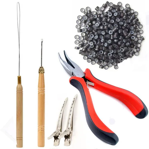Miniatura 10 de Kit de herramientas de extensiones de cabello, 500 piezas de cuentas de microanillo, 1 alicates de extensión de cabello, 1 aguja de gancho, 1 lazo