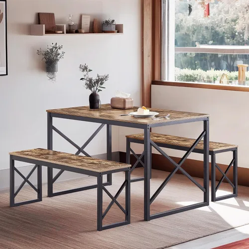 Miniatura 11 de VECELO Juego de mesa de comedor de cocina de 43.3 pulgadas para 4, marco de acero resistente y mesa de grano de madera, juegos de comedor que