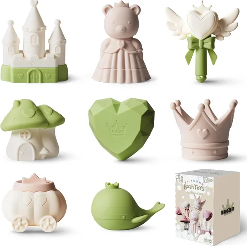 MarcZero Juguetes de Baño de Silicona Princesa 8 Piezas para Niños Pequeños Niños Bebés, Juguetes de Agua para Bañera, Juguetes de Piscina Suaves