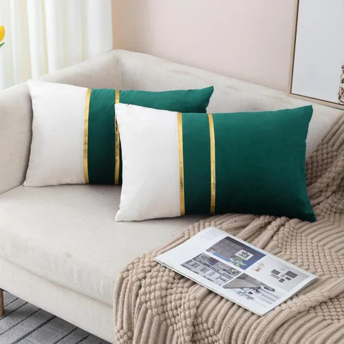 Miniatura 10 de ZLINA Juego de 2 fundas de almohada decorativas de terciopelo verde aguamarina y blanco con parches y cuero dorado de 16 × 16 pulgadas, fundas