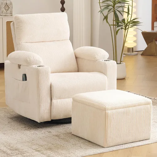 Miniatura 30 de Silla Reclinable Eléctrica de Gran Tamaño Giratoria Deslizante con Masaje y Calor, Sillón Reclinable Giratorio Mecedor con Reposabrazos Ajustables