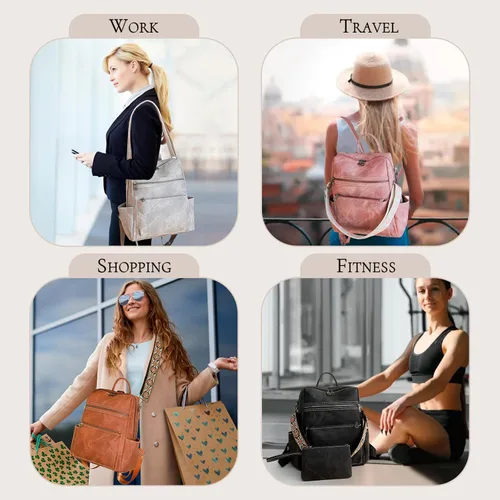 Miniatura 4 de Mochila para mujer, mochila impermeable de piel sintética, ligera, a la moda, multiusos, convertible, mochila de viaje, bolso de hombro, color negro