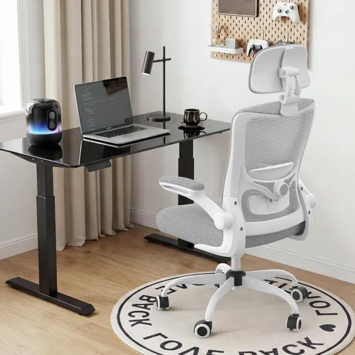 Miniatura 8 de Silla de oficina ergonómica, silla de oficina de malla de respaldo alto con soporte lumbar ajustable, reposabrazos abatibles, silla giratoria
