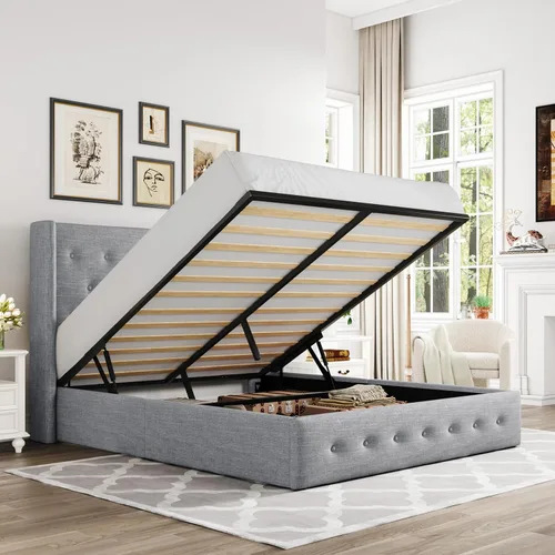 Miniatura 12 de Allewie Cama de Almacenamiento Elevable Tamaño Completo, Cabecero Capitonado con Botones con Respaldo de Ala, Soporte Hidráulico, No Necesita Gris