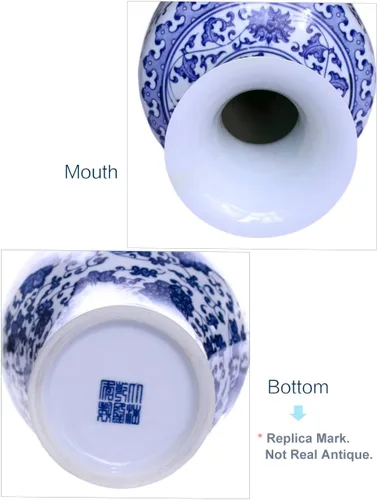 Miniatura 4 de Dahlia Florero azul y blanco, florero de porcelana china hecho a mano, diseño de loto, forma de cola de pez de 13 pulgadas Motivo de loto antiguo