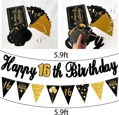Miniatura 3 de Decoraciones de fiesta de cumpleaños número 16 para hombres y mujeres, negro y dorado, cartel de feliz cumpleaños negro y dorado, globos de feliz