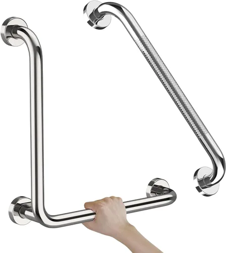 Miniatura 11 de Barra de sujeción en forma de L de cromo pulido de 12x24 pulgadas + pasamanos de ducha estriado de 20 pulgadas, barra de seguridad para inodoro