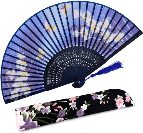 Miniatura 21 de Abanico plegable de bolsillo de Amajiji, hecho a mano, de seda, de 8.27′, elegante y moderno Azul