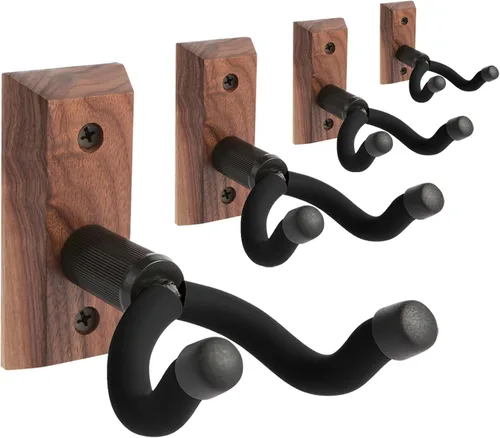 Soportes de pared para guitarra, paquete de 4, ganchos para guitarras acústicas y eléctricas, mandolina banjo bajo, base de madera de nogal negro