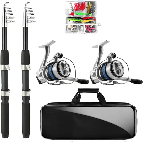 Telescopic Fishing Rod and Reel Combo, 2PCS 5.9FT Collapsible Fishing Pole Set with Pre-Loaded Spinning Reel Lures and Carrier Bag, Saltwater