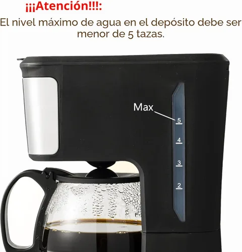 Miniatura 5 de Cafetera programable para 5 tazas, filtro reutilizable, indicador de nivel de agua transparente, apagado automático, cafetera negra y de acero