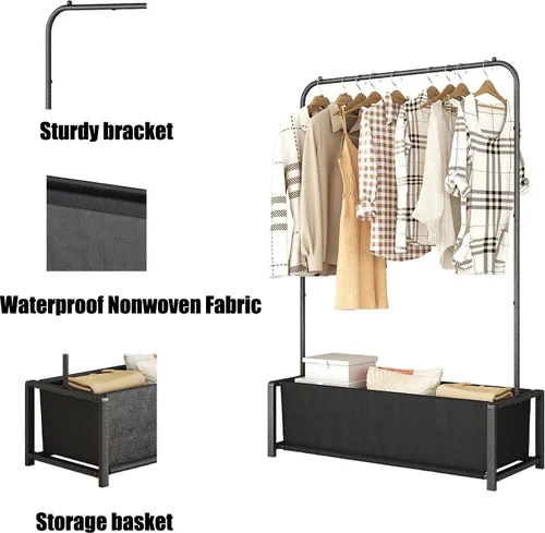 Miniatura 6 de SUOERNUO - Perchero de ropa para colgar con estante metálico inferior resistente y portátil para secar abrigos y camisas, color negro (bolsa negra)