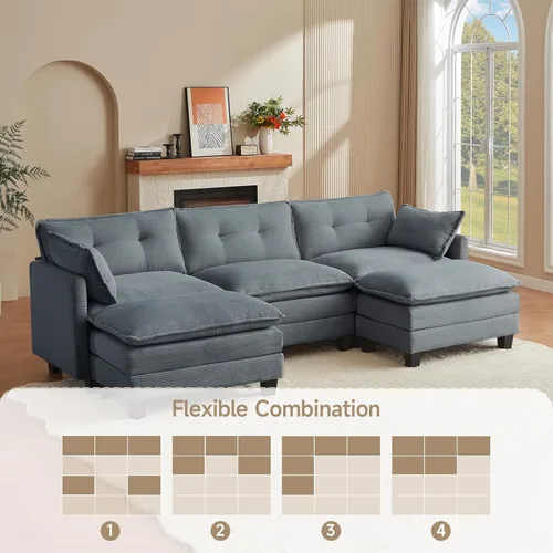 Miniatura 7 de Amsleekey Sofá Seccional Modular, Sofá Seccional de Pana en Forma de U de 111.5" Cómodo para Sala de Estar, Sofás Seccionales de Nube de 3 Plazas