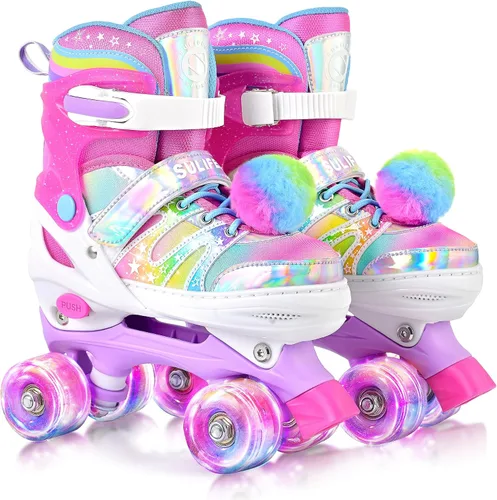 Miniatura 10 de SULIFEEL - Patines ajustables de estilo tie-dye arcoíris para niñas y niños de 3 a 5 años, 5 a 8 años, 6 a 12 años, rosa y morado, con luces