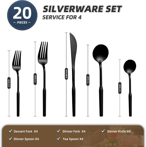 Miniatura 2 de Juego de cubiertos mate para comer, juego de cubiertos de acero inoxidable de 20 piezas, juego de utensilios de cocina para 4, cubiertos duraderos
