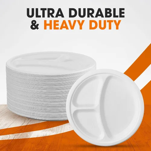 Miniatura 6 de Cheer Collection Platos de papel divididos compostables de 9 pulgadas, platos de papel 100% biodegradables de 3 secciones para alimentos calientes