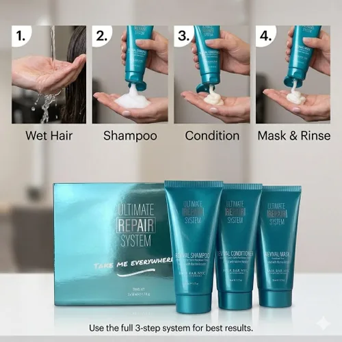 Miniatura 3 de Hair Bar NYC - Kit de viaje Ultimate Hair Repair System - Rejuvenece el cabello seco dañado y el cabello tratado con color, infundido con queratina