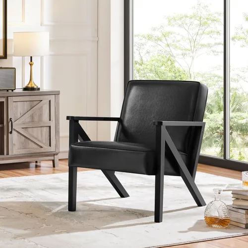 Miniatura 17 de Yaheetech Silla Decorativa, Sillón con Estructura de Madera Resistente, Silla de Estar Moderna y Retro de Piel Sintética para Sala de Marrón claro