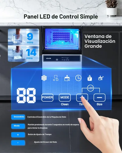 Miniatura 3 de VEVOR Máquina comercial para hacer hielo, 130 libras/24 horas con almacenamiento de 33 libras, 45 cubos por ciclo, acero inoxidable independiente