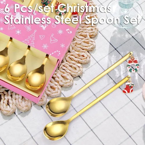 Miniatura 3 de AKOAK 6 unids/set de cuchara de acero inoxidable de Navidad Set creativo café chapado en oro, cuchara de postre cuchara mezcladora de cocina casera