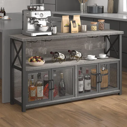 Miniatura 9 de LVB Licor Home - Armario de bar industrial para café para licor y vasos, aparador moderno de granja con estante de almacenamiento para vino, cocina