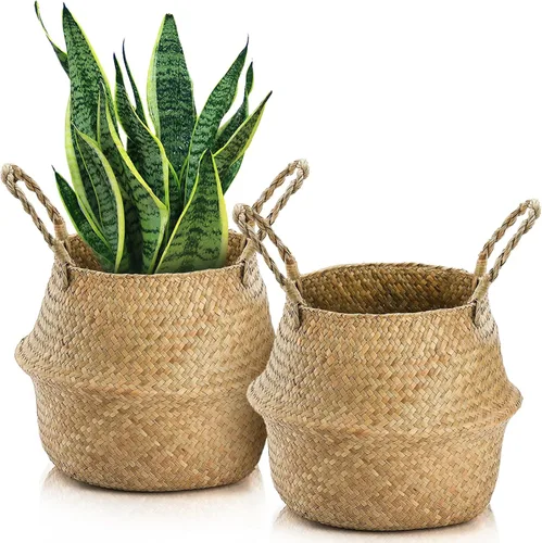 Yesland Paquete de 2 cestas tejidas de hierba marina con asas, cestas de mimbre ideales para almacenamiento de plantas, cestas para lavandería,