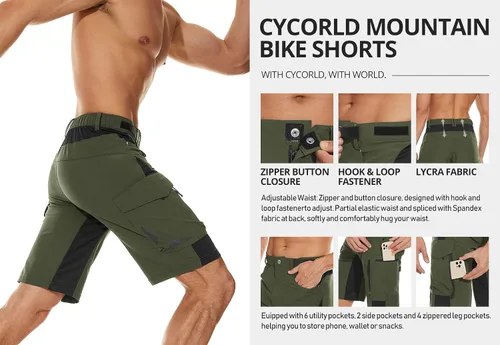 Miniatura 4 de Pantalón corto Cycorld para ciclismo de montaña, bolsillos con cierre de cremallera, liviano, ligero de ajuste, para hombre