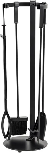Modern Ember Knoll - Juego de herramientas para chimenea en color negro, incluye cepillo, pala, póker de fuego, pinzas y soporte, construcción de