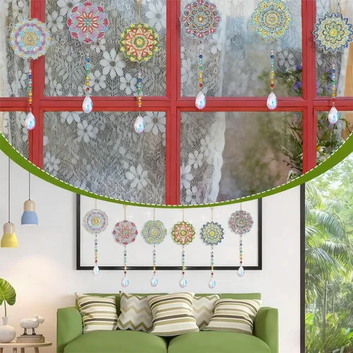 Miniatura 7 de Yeaqee 6 piezas de pintura de diamante, diseño de mandala, campanillas de viento de doble cara, manualidades de pintura para adultos, ventana