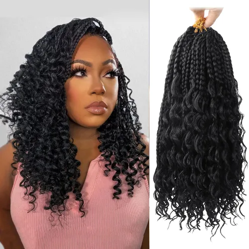 Miniatura 93 de Goddess Box Braids - Trenzas de cabello a ganchillo con extremos rizados, trenzas de caja bohemianas de 16 pulgadas, trenzas de ganchillo, 8 1B-4-30