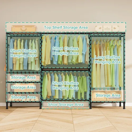 Miniatura 7 de SEMHOR E06 - Perchero extensible resistente para armario vertical, estantes de ropa independientes con estantes, sistema organizador de armario