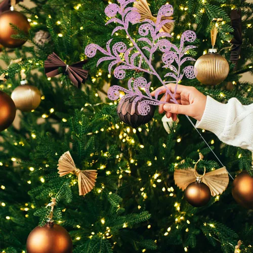Miniatura 6 de EXCEART 14 piezas de púas de árbol de Navidad con purpurina rizada en aerosol de hojas artificiales, tallo de hojas de Navidad, ramitas para árbol