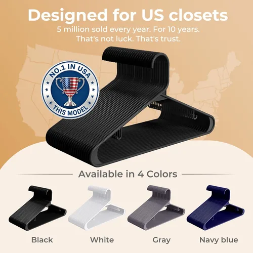 Miniatura 9 de HOUSE DAY Paquete de 10 perchas de plástico color negro, perchas de plástico con ganchos integrados, percha duradera y fuerte para armario, ahorro